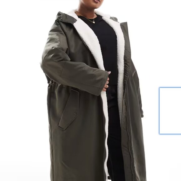 ASOS DESIGN Curve Teddy Lined Longline Rain Coat in Khaki - Picture 3 of 6
